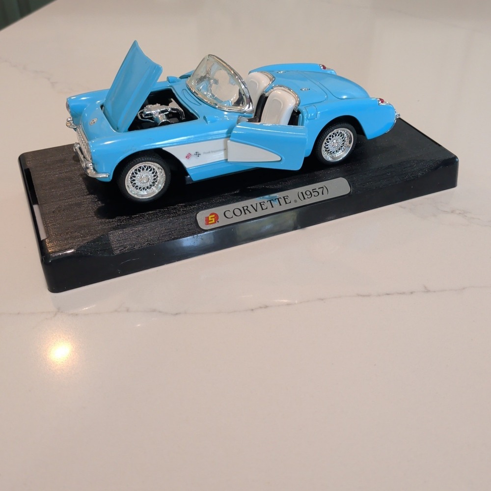 Vintage Solido 1957 Chevrolet Corvette Diecast Metal Car- Blue/White With Base